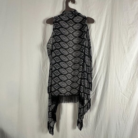 Lavello Womens Black & White Chiffon Convertible Fringe Vest Whimsical Sheer - Picture 6 of 8